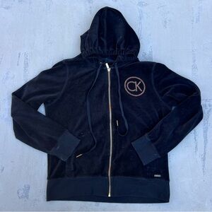 Black Velvet and Gold Women's Medium Calvin Klein Y2K Zip Up Velour Hoodie